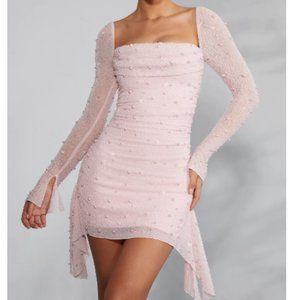 Oh Polly Tivoli Long Sleeve Embellished Cowl Neck Mini Dress in Blush